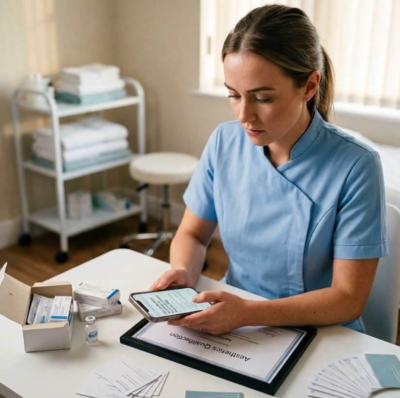 Medical aesthetics practitioner reviewing treatment materials