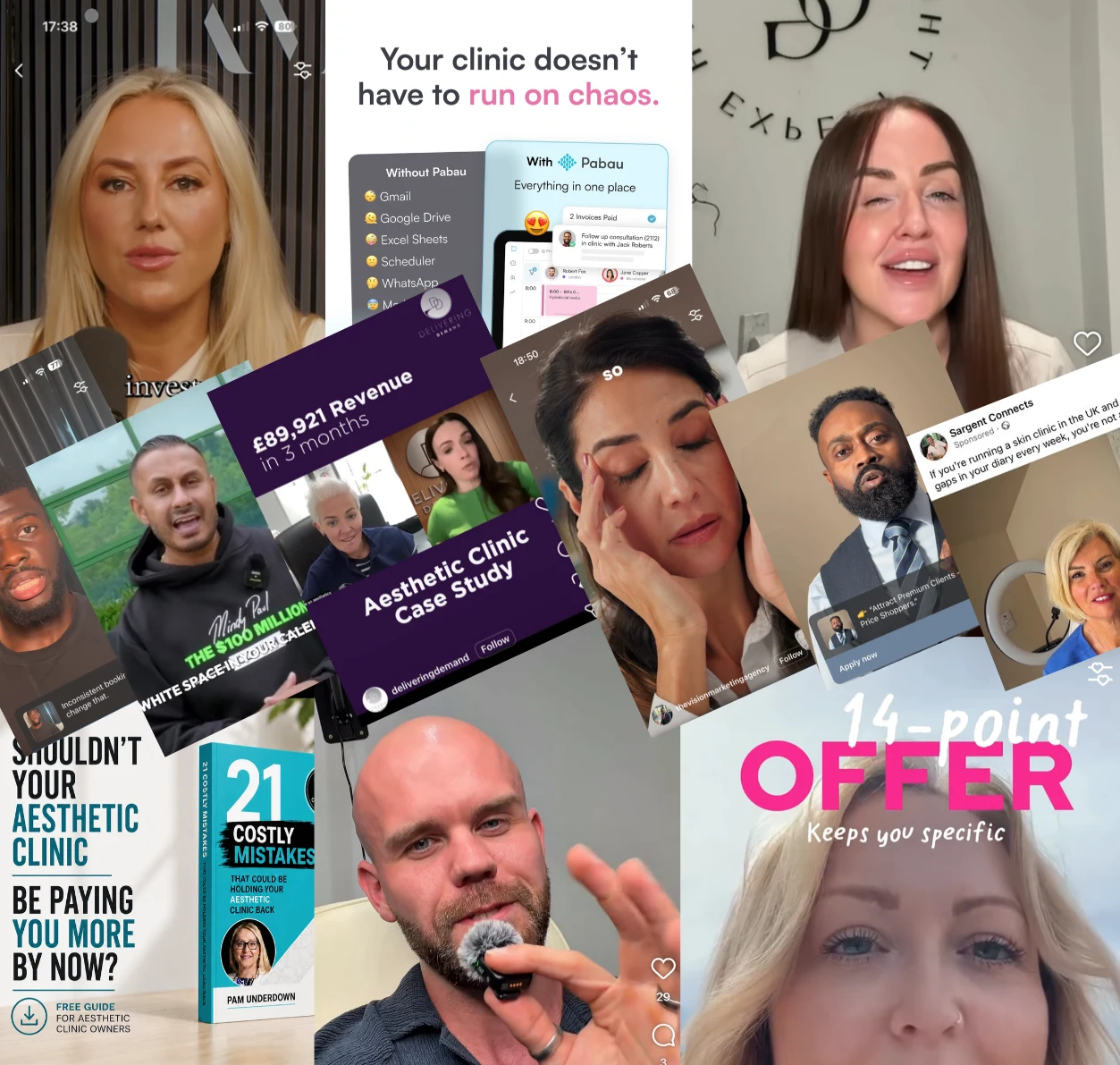 Collage of Instagram marketing messages aimed at aesthetics practitioners, including software, coaching, agency services and clinic revenue claims